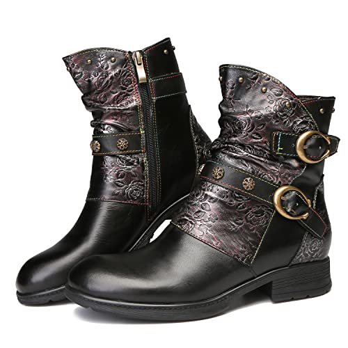 CrazycatZ Damen Stiefeletten Leder Stiefel Bohemian Kurze Chelsea-Stiefel (Black, numeric_41) von CrazycatZ
