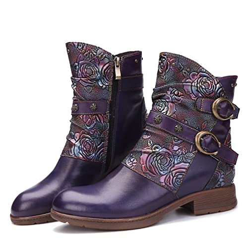 CrazycatZ Damen Stiefeletten Leder Stiefel Bohemian Kurze Chelsea-Stiefel (Purple, numeric_38) von CrazycatZ