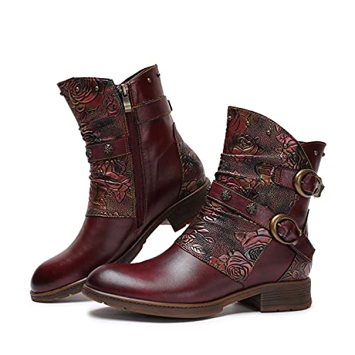 CrazycatZ Damen Stiefeletten Leder Stiefel Bohemian Kurze Chelsea-Stiefel (Red Wine, numeric_39) von CrazycatZ