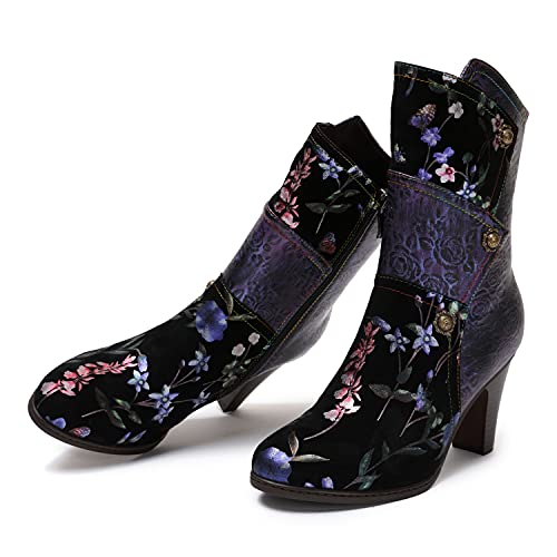 CrazycatZ Damen Stiefeletten mit Absatz Leder Chelsea Kurze Stiefel Bunte Floral Blumen Stiefeletten (Purple Floral, numeric_39) von CrazycatZ