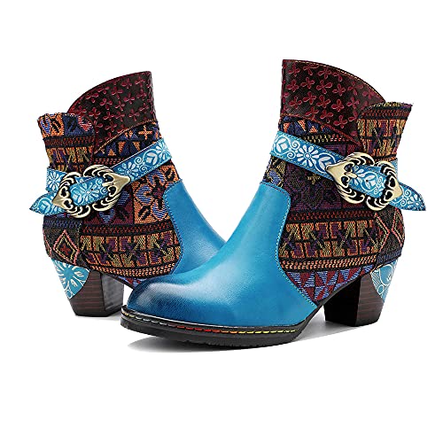 CrazycatZ Damen Stiefeletten mit Absatz Leder Chelsea Kurze Stiefel Bunte Patchwork Gestickte Blumen Stiefeletten (Light Blue, numeric_39) von CrazycatZ