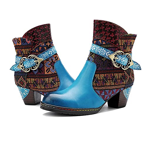 CrazycatZ Damen Stiefeletten mit Absatz Leder Chelsea Kurze Stiefel Bunte Patchwork Gestickte Blumen Stiefeletten (Light Blue, numeric_41) von CrazycatZ