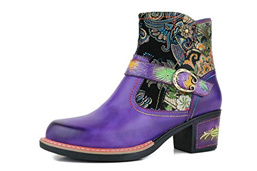 CrazycatZ Damen Stiefeletten mit Absatz Leder Chelsea Kurze Stiefel Bunte Patchwork Gestickte Blumen Stiefeletten (Purple, 38) von CrazycatZ