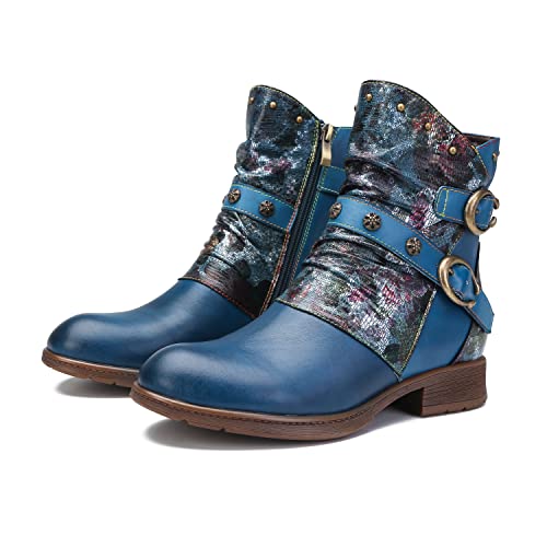 CrazycatZ Damen Stiefeletten mit Absatz Leder Stiefel Bohemian Ankle Biker Boots (Blue, eu_footwear_size_system, adult, women, numeric, medium, numeric_40) von CrazycatZ