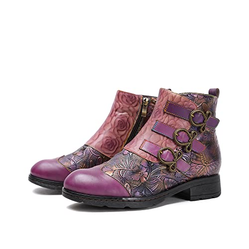 CrazycatZ Damen Stiefeletten mit Absatz Leder Stiefel Bohemian Ankle Boots (Purple, eu_footwear_size_system, adult, women, numeric, medium, numeric_39) von CrazycatZ