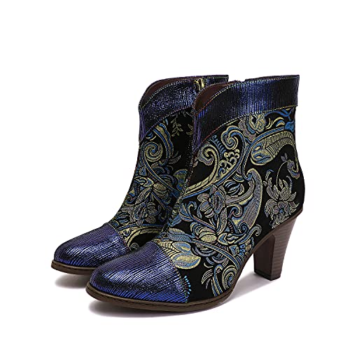 CrazycatZ Damen Stiefeletten mit Absatz Leder Stiefel Bohemian Block Heel Leder Ankle Boots (Blue, numeric_39) von CrazycatZ