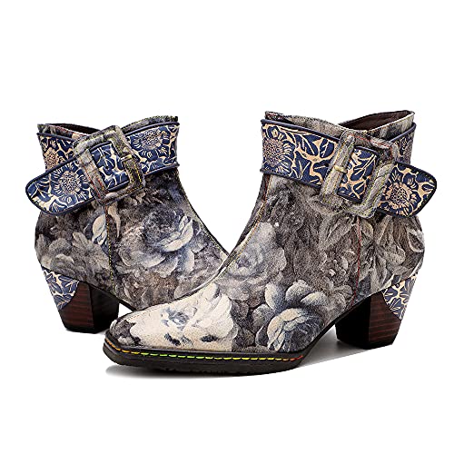 CrazycatZ Damen Stiefeletten mit Absatz Leder Stiefel Bohemian Block Heel Leder Ankle Boots (Grey, numeric_41) von CrazycatZ