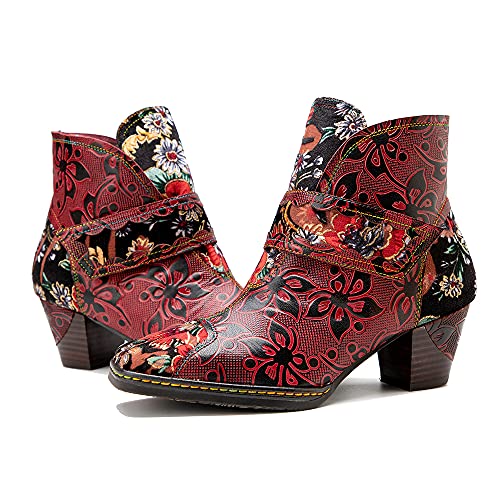 CrazycatZ Damen Stiefeletten mit Absatz Leder Stiefel Bohemian Block Heel Leder Ankle Boots (Red, numeric_42) von CrazycatZ