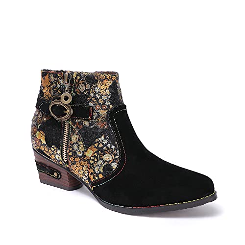 CrazycatZ Damen Stiefeletten mit Absatz Leder Stiefel Bohemian Block Heel Leder Westernstiefel (Black, numeric_40) von CrazycatZ