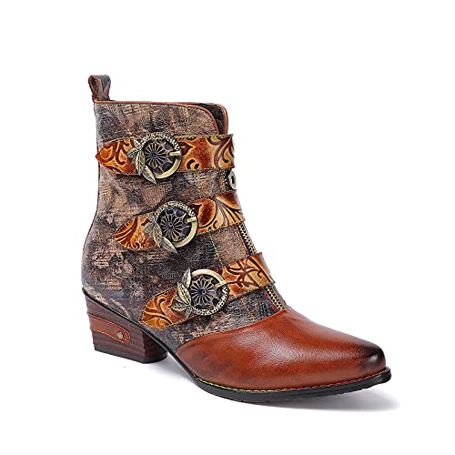 CrazycatZ Damen Stiefeletten mit Absatz Leder Stiefel Bohemian Block Heel Leder Westernstiefel (Brown, numeric_41) von CrazycatZ