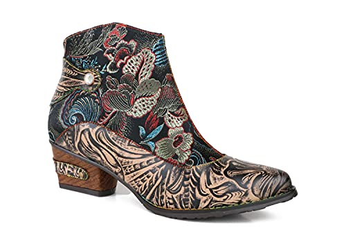 CrazycatZ Damen Stiefeletten mit Absatz Leder Stiefel Bohemian Block Heel Leder Westernstiefel (Multi, numeric_42) von CrazycatZ