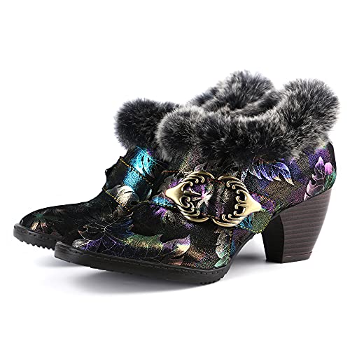CrazycatZ Damen Stiefeletten mit Absatz Leder Stiefel Bunte Floral Blumen Stiefeletten Fur Lined Ankle Boots (Purple, numeric_42) von CrazycatZ