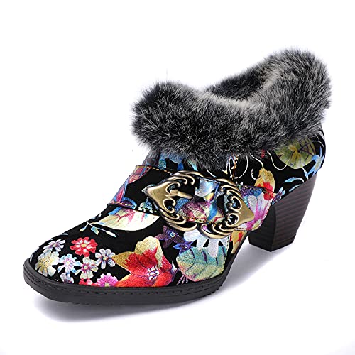 CrazycatZ Damen Stiefeletten mit Absatz Leder Stiefel Bunte Floral Blumen Stiefeletten Fur Lined Ankle Boots (Red, numeric_38) von CrazycatZ
