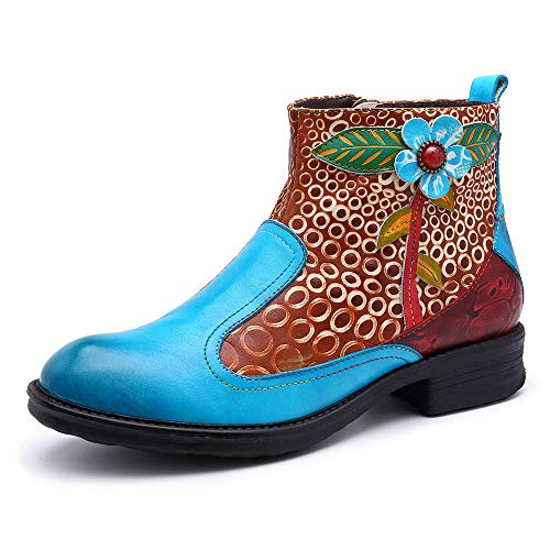 CrazycatZ Damen Stiefeletten mit Absatz Leder Vintage Stiefeletten Blumen (37 EU, Blau B) von CrazycatZ