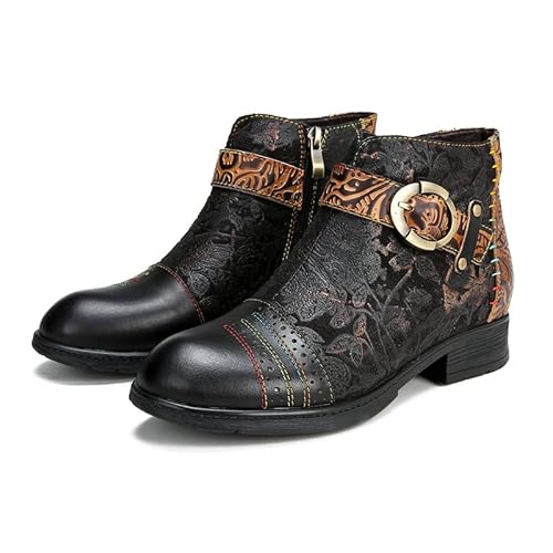 CrazycatZ Damen Stiefeletten mit Absatz Leder stiefeletten Bunte Ankle Bootie (Black, 38) von CrazycatZ