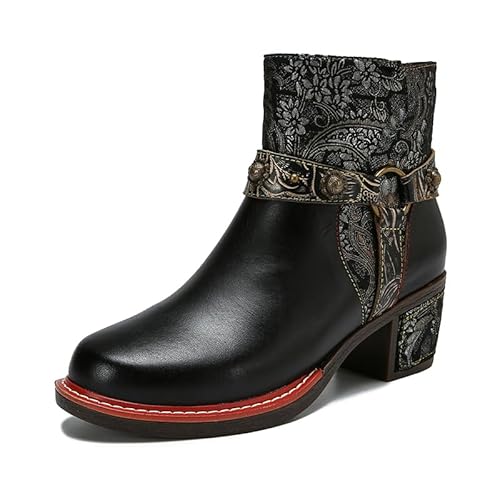 CrazycatZ Damen Stiefeletten mit Absatz Leder stiefeletten Bunte Ankle Boots (Black, numeric_40) von CrazycatZ