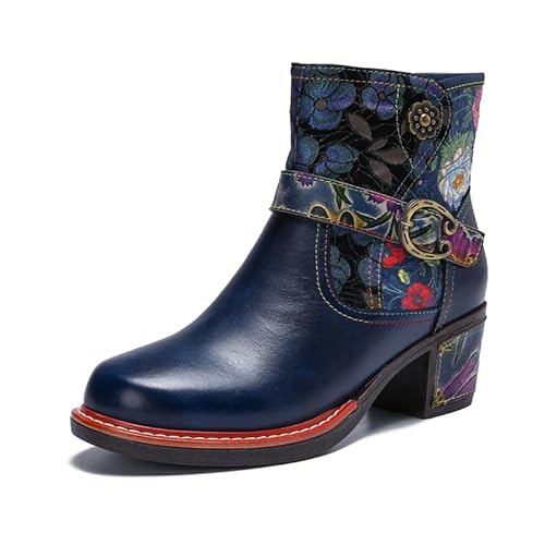 CrazycatZ Damen Stiefeletten mit Absatz Leder stiefeletten Bunte Ankle Boots (Navy, numeric_38) von CrazycatZ