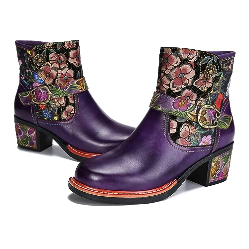 CrazycatZ Damen Stiefeletten mit Absatz Leder stiefeletten Bunte Ankle Boots (Purple, numeric_41) von CrazycatZ