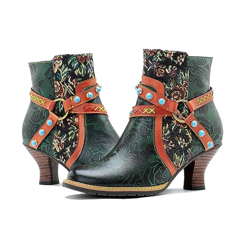 CrazycatZ Damen Stiefeletten mit Absatz Leder stiefeletten Bunte Ankle Vintage Boots (Green, numeric_42) von CrazycatZ