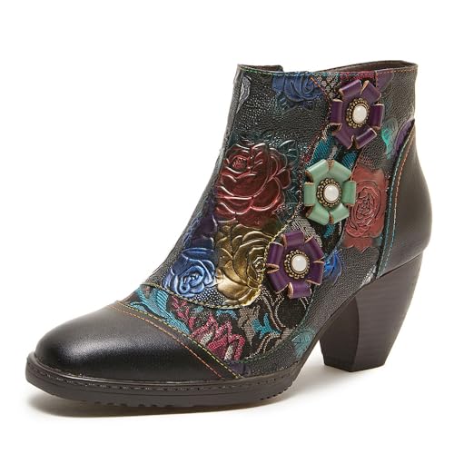 CrazycatZ Damen Stiefeletten mit Absatz Leder stiefeletten Bunte Ankle Vintage Boots (Multi, EU Schuhgrößensystem, Erwachsene, Damen, Numerisch, M, 38) von CrazycatZ