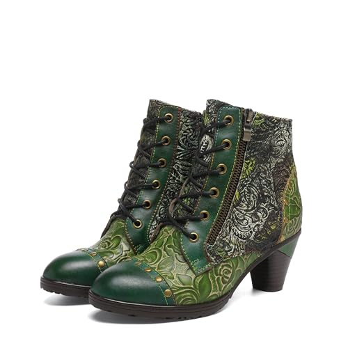 CrazycatZ Damen Stiefeletten mit Absatz Leder stiefeletten Bunte Stiefele Ankle Boots Colorful Boots (16-Green, Erwachsene, Damen, 40, Numerisch, EU Schuhgrößensystem, M) von CrazycatZ