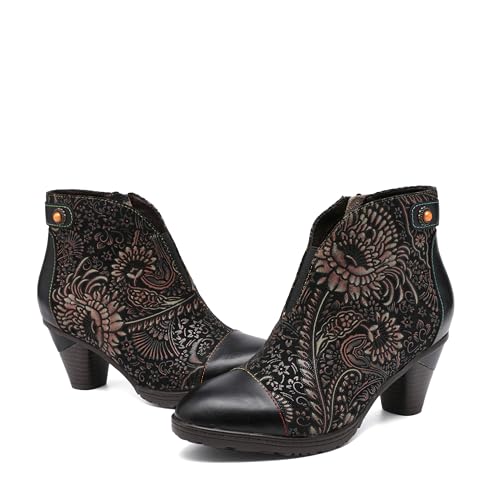 CrazycatZ Damen Stiefeletten mit Absatz Leder stiefeletten Bunte Stiefele Ankle Boots Colorful Boots (Black C, Erwachsene, Damen, 42, Numerisch, EU Schuhgrößensystem, M) von CrazycatZ