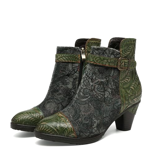 CrazycatZ Damen Stiefeletten mit Absatz Leder stiefeletten Bunte Stiefele Ankle Boots Colorful Boots (Green, Erwachsene, Damen, 39, Numerisch, EU Schuhgrößensystem, M) von CrazycatZ