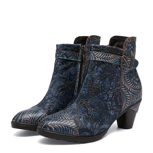 CrazycatZ Damen Stiefeletten mit Absatz Leder stiefeletten Bunte Stiefele Ankle Boots Colorful Boots (Jean Blue, Erwachsene, Damen, 37, Numerisch, EU Schuhgrößensystem, M) von CrazycatZ