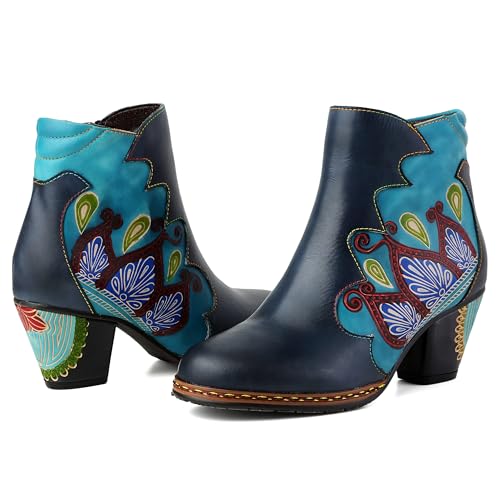 CrazycatZ Damen Stiefeletten mit Absatz Leder stiefeletten Bunte Stiefele Ankle Vintage Boots (Blue, Erwachsene, Damen, 39, Numerisch, EU Schuhgrößensystem, M) von CrazycatZ