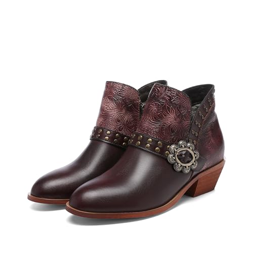 CrazycatZ Damen Stiefeletten mit Absatz Leder stiefeletten Bunte Studded Bootie (Red Wine, Erwachsene, Damen, 39, Numerisch, EU Schuhgrößensystem, M) von CrazycatZ
