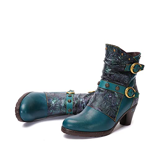 CrazycatZ Damen Stiefeletten mit Absatz Leder stiefeletten vintage Stiefele Ankle Boots Bunte Floral Stiefeletten (Green, eu_footwear_size_system, adult, women, numeric, medium, numeric_39) von CrazycatZ