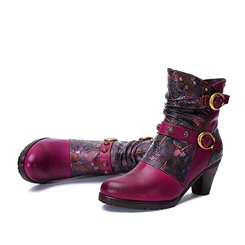 CrazycatZ Damen Stiefeletten mit Absatz Leder stiefeletten vintage Stiefele Ankle Boots Bunte Floral Stiefeletten (Hot Pink, eu_footwear_size_system, adult, women, numeric, medium, numeric_37) von CrazycatZ