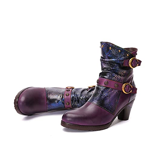 CrazycatZ Damen Stiefeletten mit Absatz Leder stiefeletten vintage Stiefele Ankle Boots Bunte Floral Stiefeletten (Purple, eu_footwear_size_system, adult, women, numeric, medium, numeric_38) von CrazycatZ