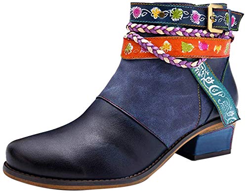 CrazycatZ Damen Stiefeletten mit Absatz Lederstiefel Bedruckt Retro Pflanze Blume Handgemachtes Outdoor Wanderschuhe (39 EU, BLAU) von CrazycatZ