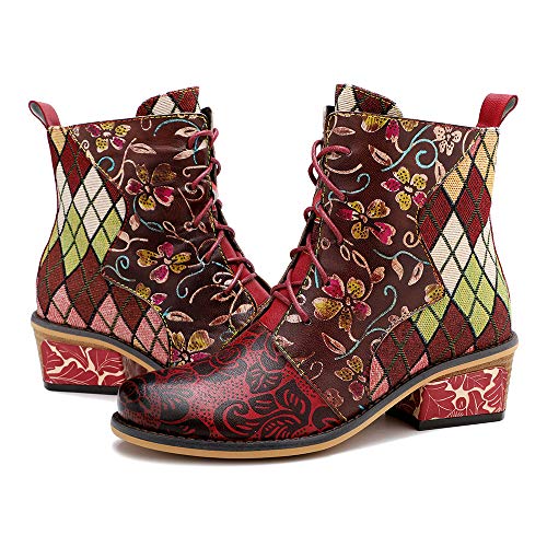 CrazycatZ Damen Stiefeletten mit Absatz Lederstiefel Bedruckt Retro Pflanze Blume Handgemachtes Outdoor Wanderschuhe (40 EU, ROT) von CrazycatZ