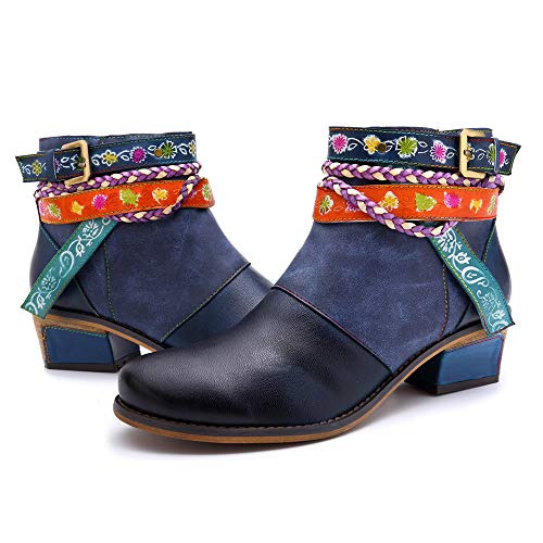 CrazycatZ Damen Stiefeletten mit Absatz Lederstiefel Bedruckt Retro Pflanze Blume Handgemachtes Outdoor Wanderschuhe (42 EU, BLAU) von CrazycatZ
