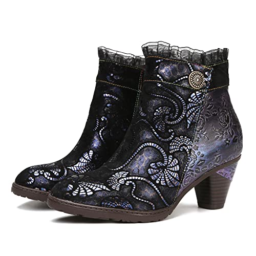 CrazycatZ Damen Stiefeletten mit Absatz Lederstiefeletten vintage Stiefele (Black, numeric_42) von CrazycatZ