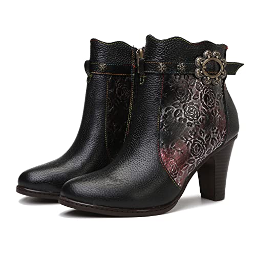 CrazycatZ Damen Stiefeletten mit Absatz Lederstiefeletten vintage Stiefele (Black-C, numeric_42) von CrazycatZ