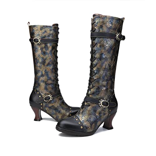 CrazycatZ Damen Stiefeletten mit Absatz lange Stiefel vintage Stiefele (Black, eu_footwear_size_system, adult, women, numeric, medium, numeric_42) von CrazycatZ