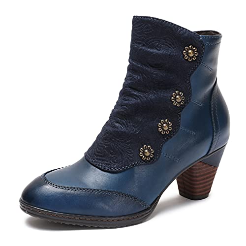 CrazycatZ Damen Stiefeletten mit AbsatzLederstiefeletten geknöpft vintage (Blue, numeric_42) von CrazycatZ