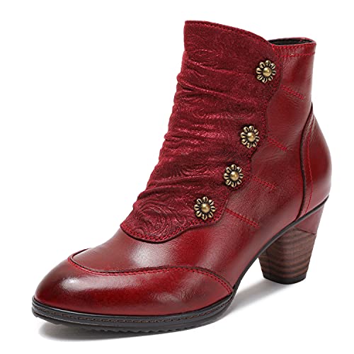 CrazycatZ Damen Stiefeletten mit AbsatzLederstiefeletten geknöpft vintage (Red, numeric_39) von CrazycatZ