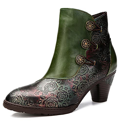 CrazycatZ Damen Stiefeletten mit AbsatzLederstiefeletten geknöpft vintage Stiefele (Green, numeric_38) von CrazycatZ