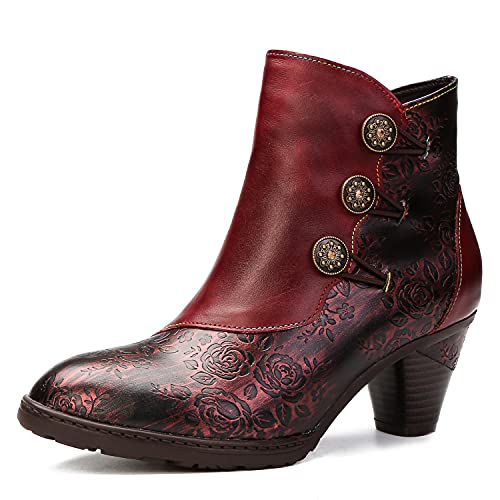 CrazycatZ Damen Stiefeletten mit AbsatzLederstiefeletten geknöpft vintage Stiefele (Red, numeric_39) von CrazycatZ