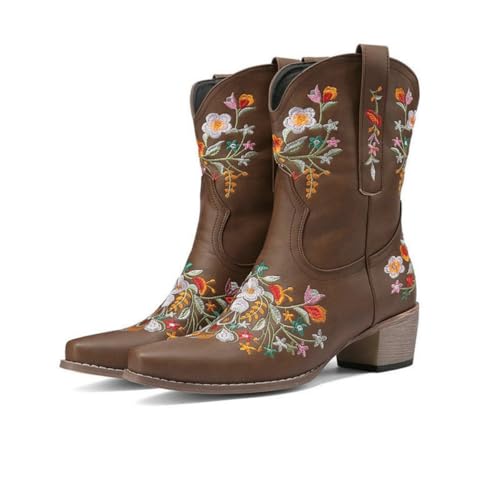 CrazycatZ Damen Vegan Leder Cowboy Stiefel, Stickerei, Wadenlang, Schnürung, Blumenmuster (Brown Floral, Erwachsene, Damen, 42, Numerisch, EU Schuhgrößensystem, M) von CrazycatZ