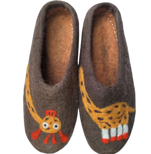 CrazycatZ Damen Wollpantoffeln aus Nepal, grau mit Blumenmuster, Ledersohle (Brown, Erwachsene, Damen, 41, Numerisch, EU Schuhgrößensystem, M) von CrazycatZ