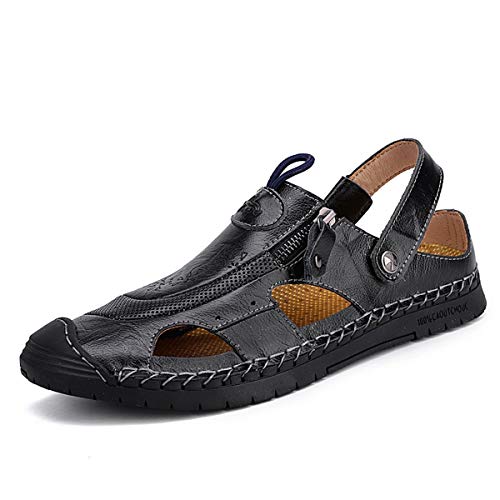 CrazycatZ Herren Leder Sandalen Strandschuhe Wandersandale Trekkingsandalen Outdoorschuhe Freizeitschuhe Wanderschuhe Sandale (Black, Numeric_41) von CrazycatZ