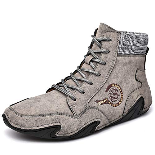 CrazycatZ Herren leder Stiefel Hohe Sneaker Sportschuhe Leder Sportstiefel Leder Sneaker (Grau, 44) von CrazycatZ