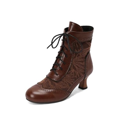 CrazycatZ Viktorianische Damen Stiefeletten, Kunstleder mit Stoffeinsatz, Schnürverschluss, Kitten Heel, in Rot, Braun, Grün (Brown, Erwachsene, Damen, 39, Numerisch, EU Schuhgrößensystem, M) von CrazycatZ