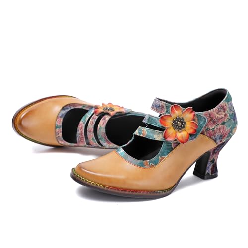 CrazycatZ Vintage Mary Jane Damenschuhe, Leder-Stoff-Mix, Blumenmuster, Blockabsatz, Camel (Light Brown, Erwachsene, Damen, 37, Numerisch, EU Schuhgrößensystem, M) von CrazycatZ