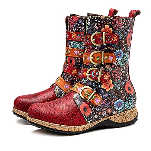 CrazycatZ Damen Leder Stiefel mit Absatz Bunt Stiefellange Reißverschluss Langschaft Patchworkstiefel (62801, numeric_39) von CrazycatZ